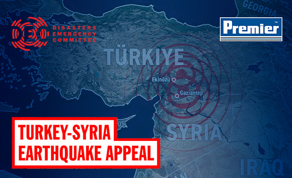 A map of affected regions by the Turkey Syria earthquake with a blue semi-transparent overlay and multiple branded logos