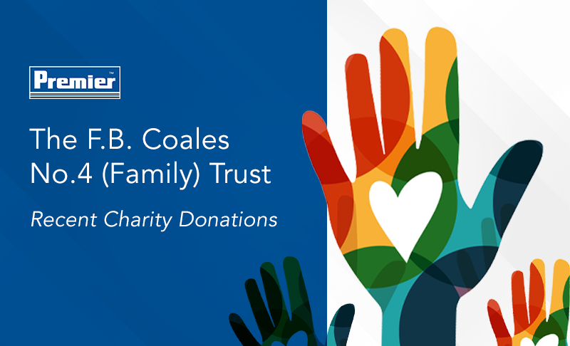 White text on a blue background with multicoloured illustrations of hands with white hearts in the palm, all signposting the work of the FB Coales Trust and its recent donations to charity.