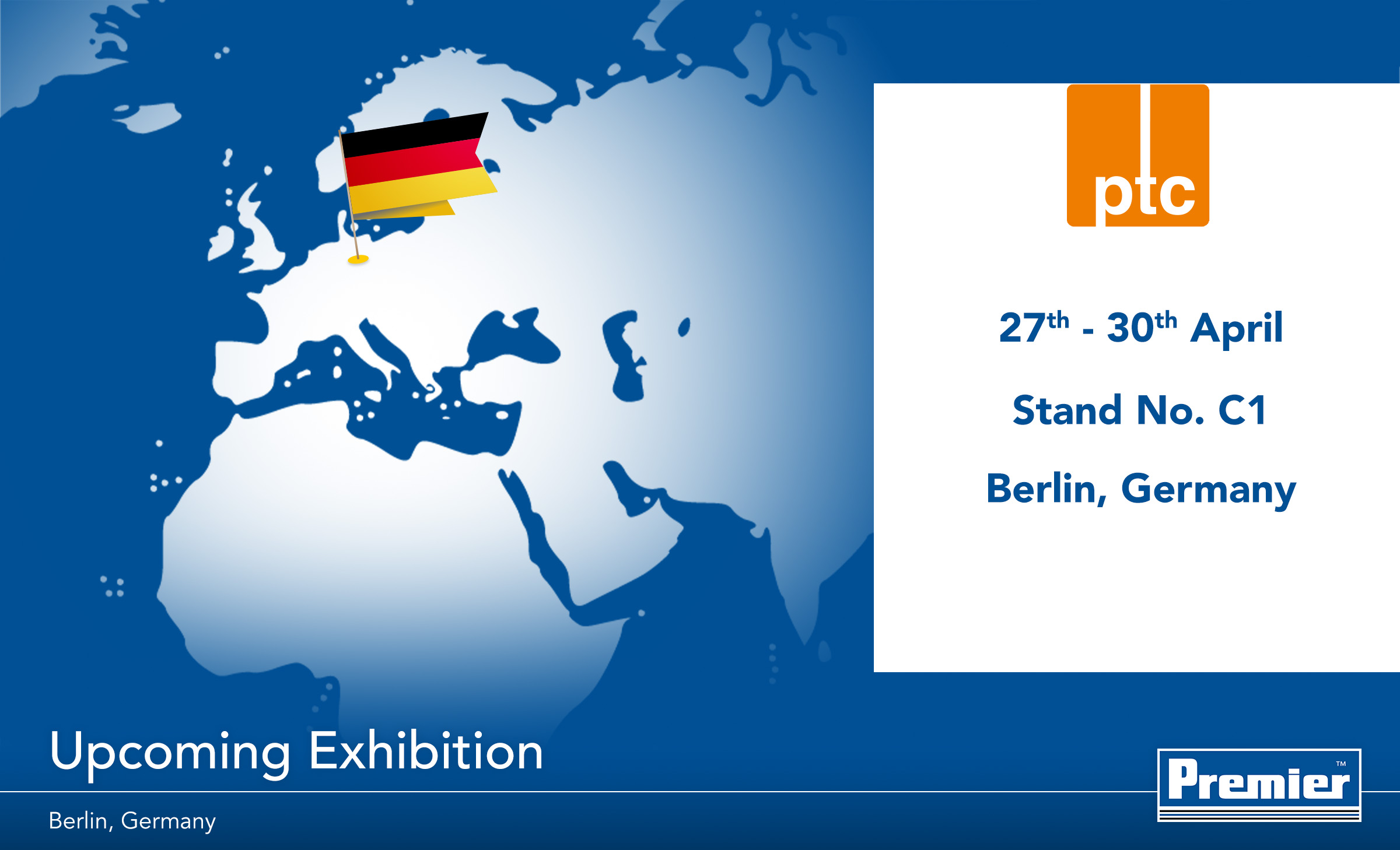 Graphic for with map and German flag displaying details for the PTC conference in Berlin.