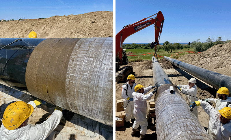 Two images. The left hand image shows a man in PPE applying tape around a large pipe. The second image shows multiple people in PPE wrapping tapes around a pipe, with a large piece of machinery in the background.