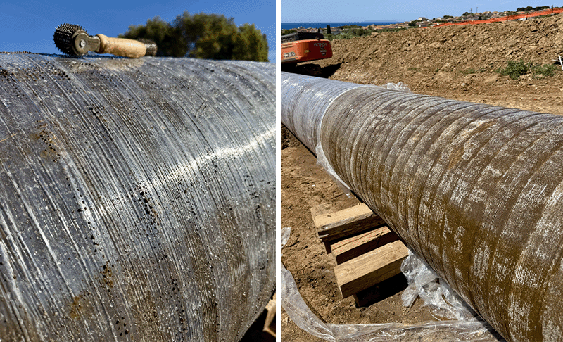 Two images. The left hand image show a pipe with a clear coating on the outside that features many small holes in it, with the puncturing tool resting on top of the pipe. The other image shows the clear wrap pulled back to expose the dry brown tape underneath.