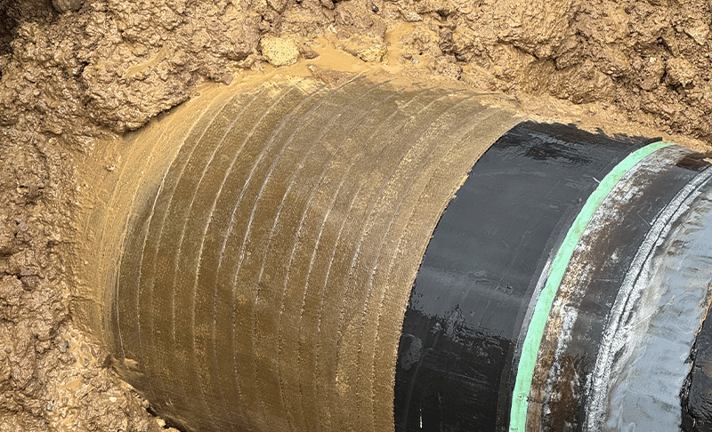 A pipe surrounded by dirt with brown tape wrapped around it.