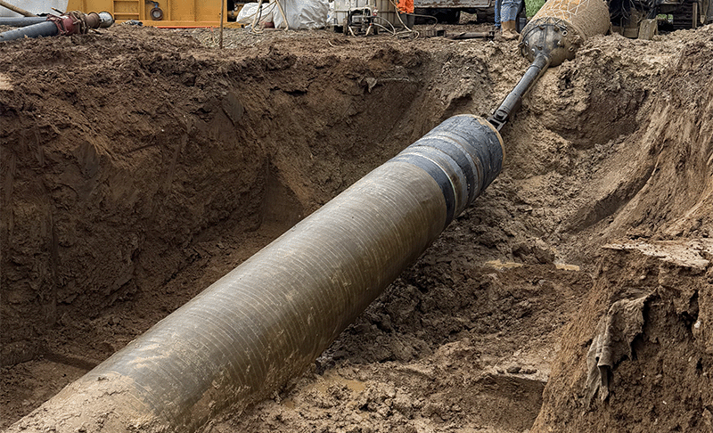 A pipe being pulled through the ground, in a trench, surrounded by dirt.